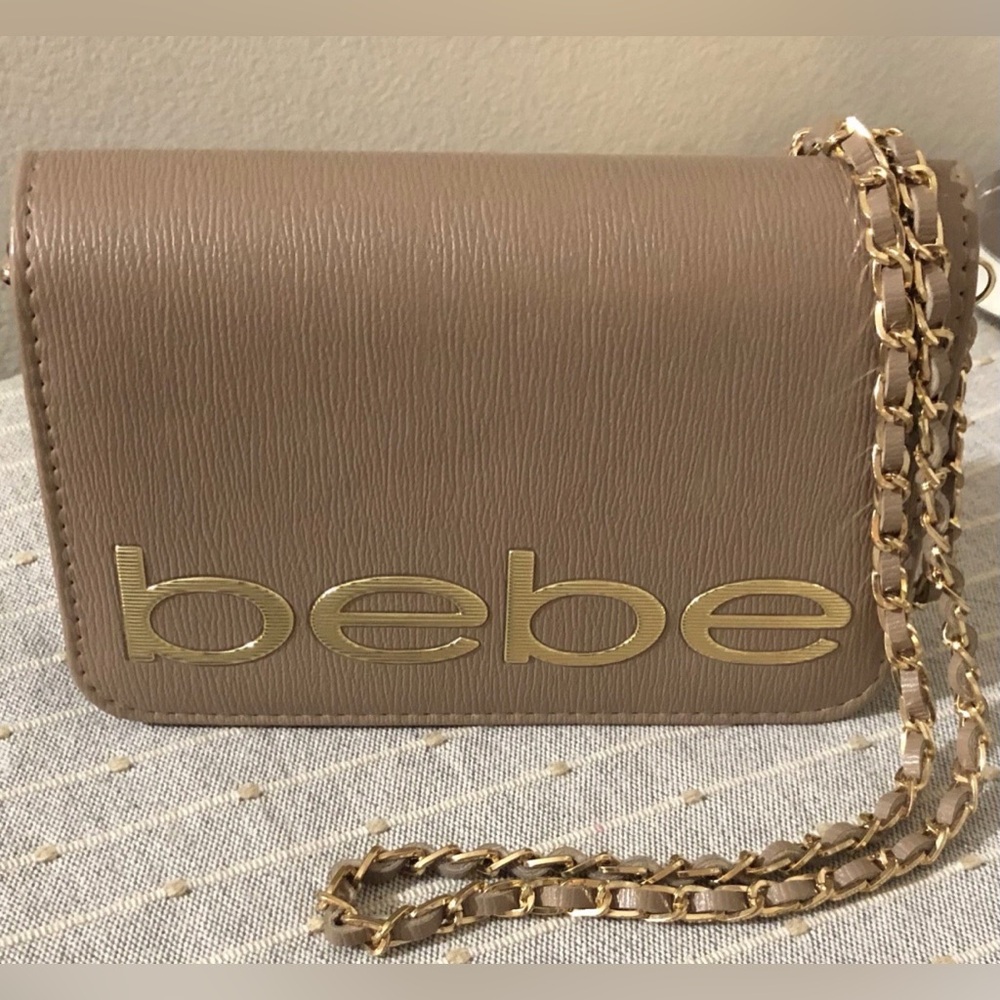 bebe Fabiola Saffiano Crossbody Purse in Taupe With Gold Logo New With Tag